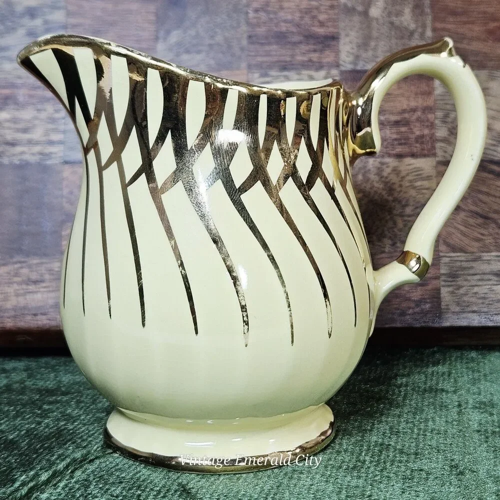 Vtg Sadler China England Milk Creamer Pitcher Yellow & 14K Gold Rim Swirl 1950